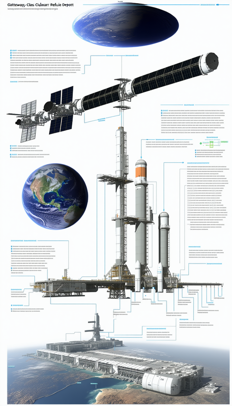 A Large Space Station Is Shown In A Diagram, With A Large Satellite And A Space Shuttle Docked To It