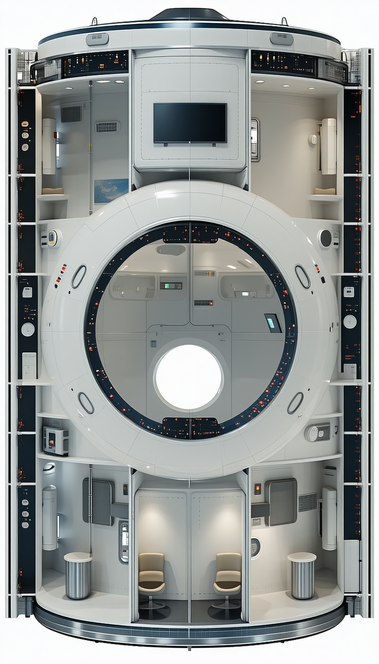 In The Image, There Is A Large White Room With A Large Circular Object In The Center