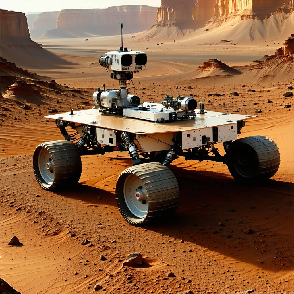 A Large Robotic Vehicle, Possibly A Rover, Sitting On A Dirt Surface
