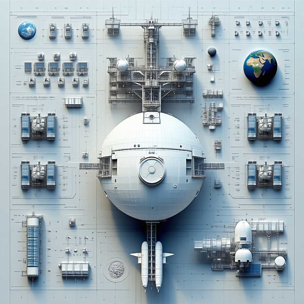 A Large White Spacecraft Is Shown In A Blue And White Drawing