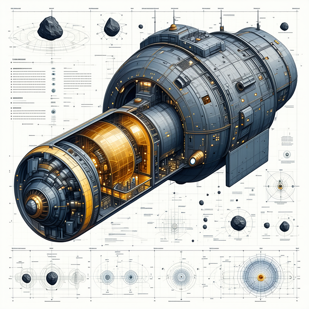 A Large, Detailed Drawing Of A Spacecraft Is Displayed In A Book