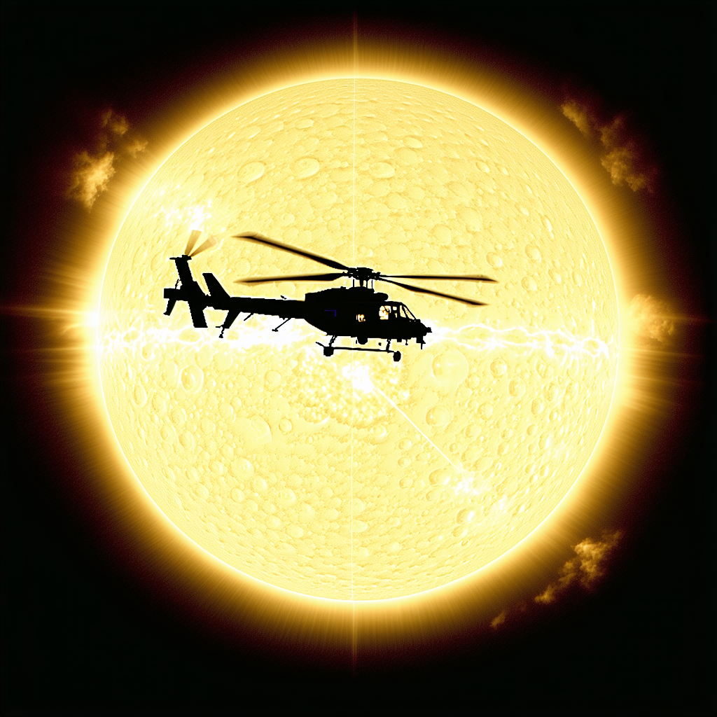 A Helicopter Flying Through The Sky, With A Bright Sun In The Background
