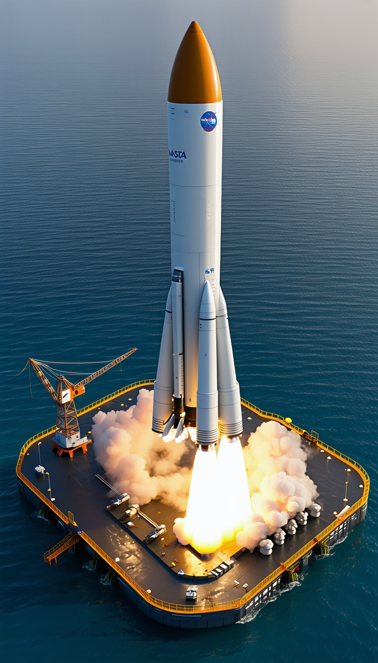 A Large Rocket Ship On A Platform In The Ocean
