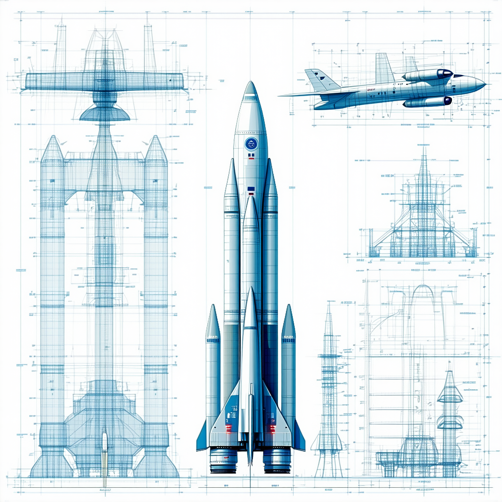 A Space Shuttle Is Shown In A Blue And White Drawing, With A Jet Plane Flying In The Background