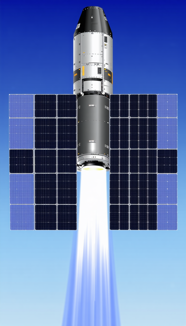 A Space Shuttle With A Solar Panel On Its Side, Flying Through The Sky