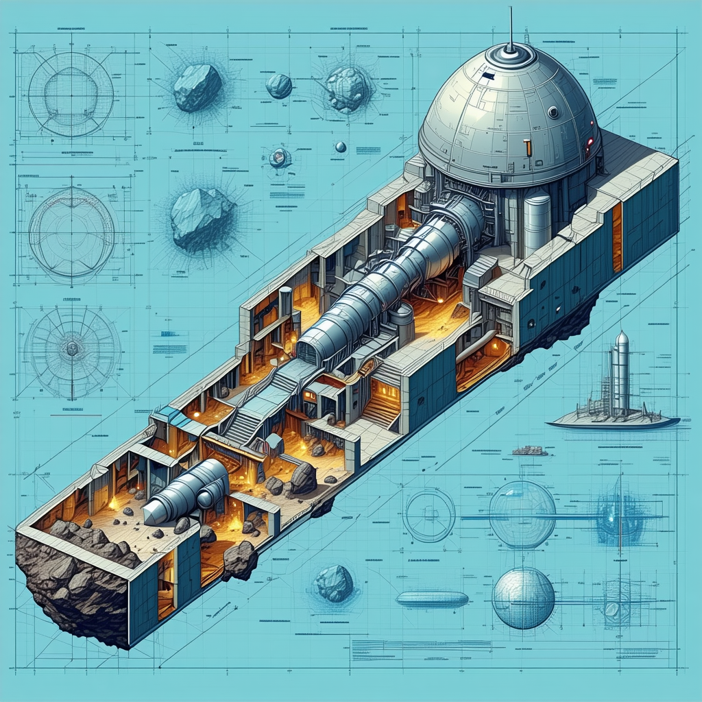 A Blue Drawing Of A Space Ship Is Shown, With A Large Dome On Top