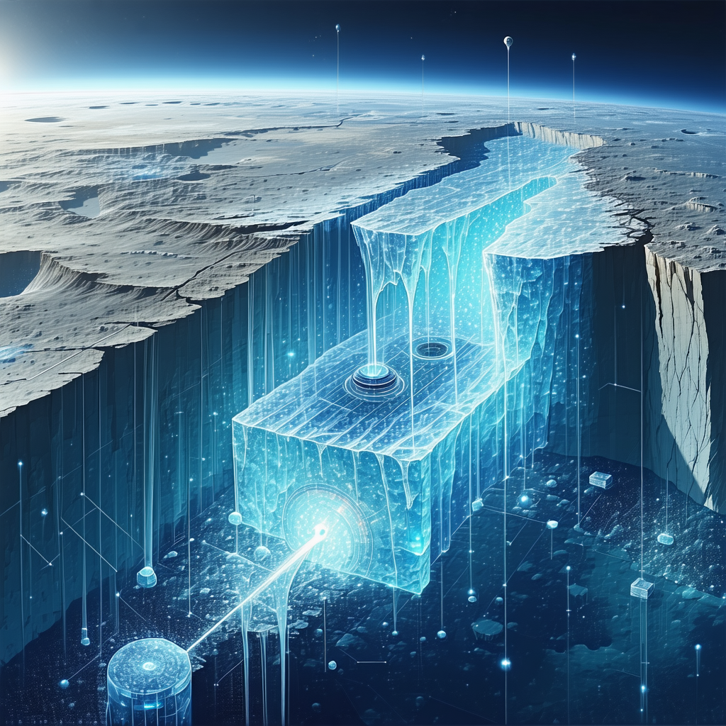 The Image Is A Futuristic Depiction Of A Space Station With A Large, Blue, And White Ice Wall