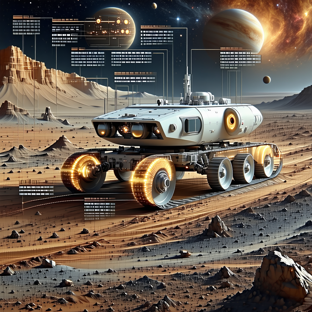 A Futuristic Vehicle Is Traveling Across A Rocky Terrain