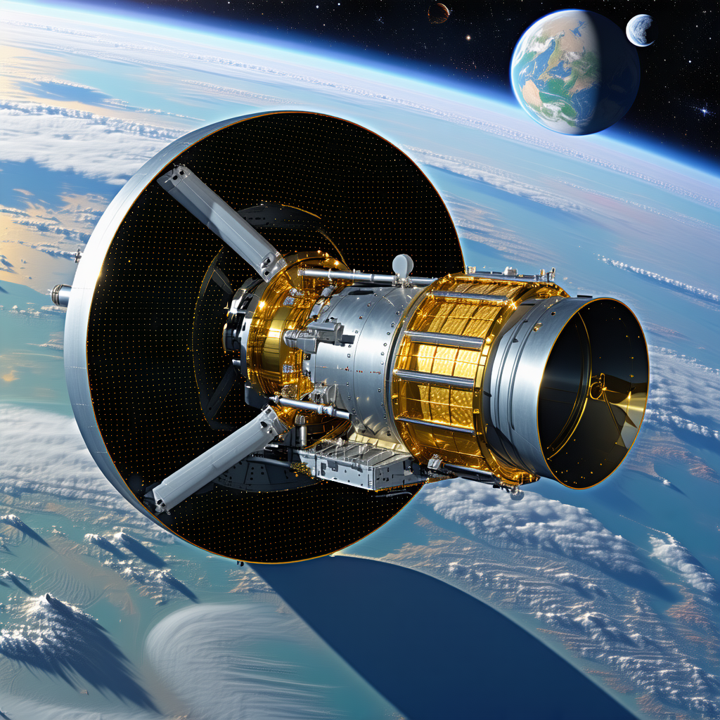 A Spacecraft Is Shown In The Image, With A Large Dish On The Front Of The Spacecraft