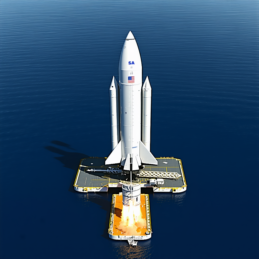 A Large White Rocket Ship Floating On Top Of A Platform In The Ocean