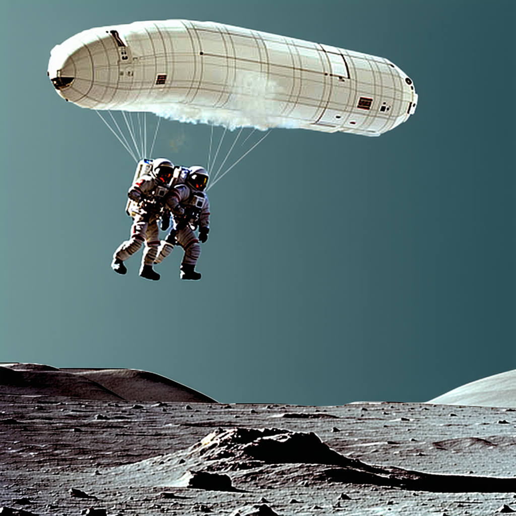 Two Astronauts In Space Suits, Suspended In The Air By A Large Parachute