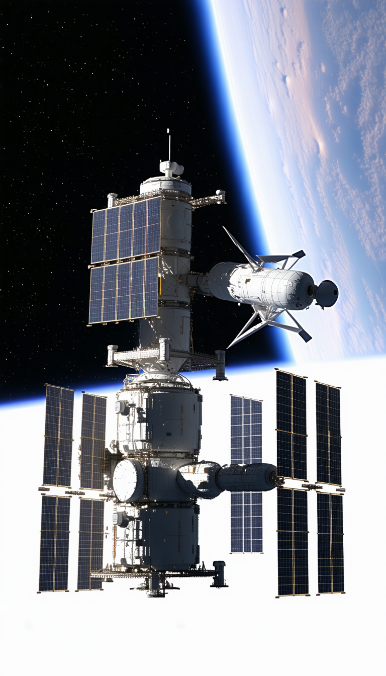 A Large Space Station With A Smaller Spacecraft Docked To It