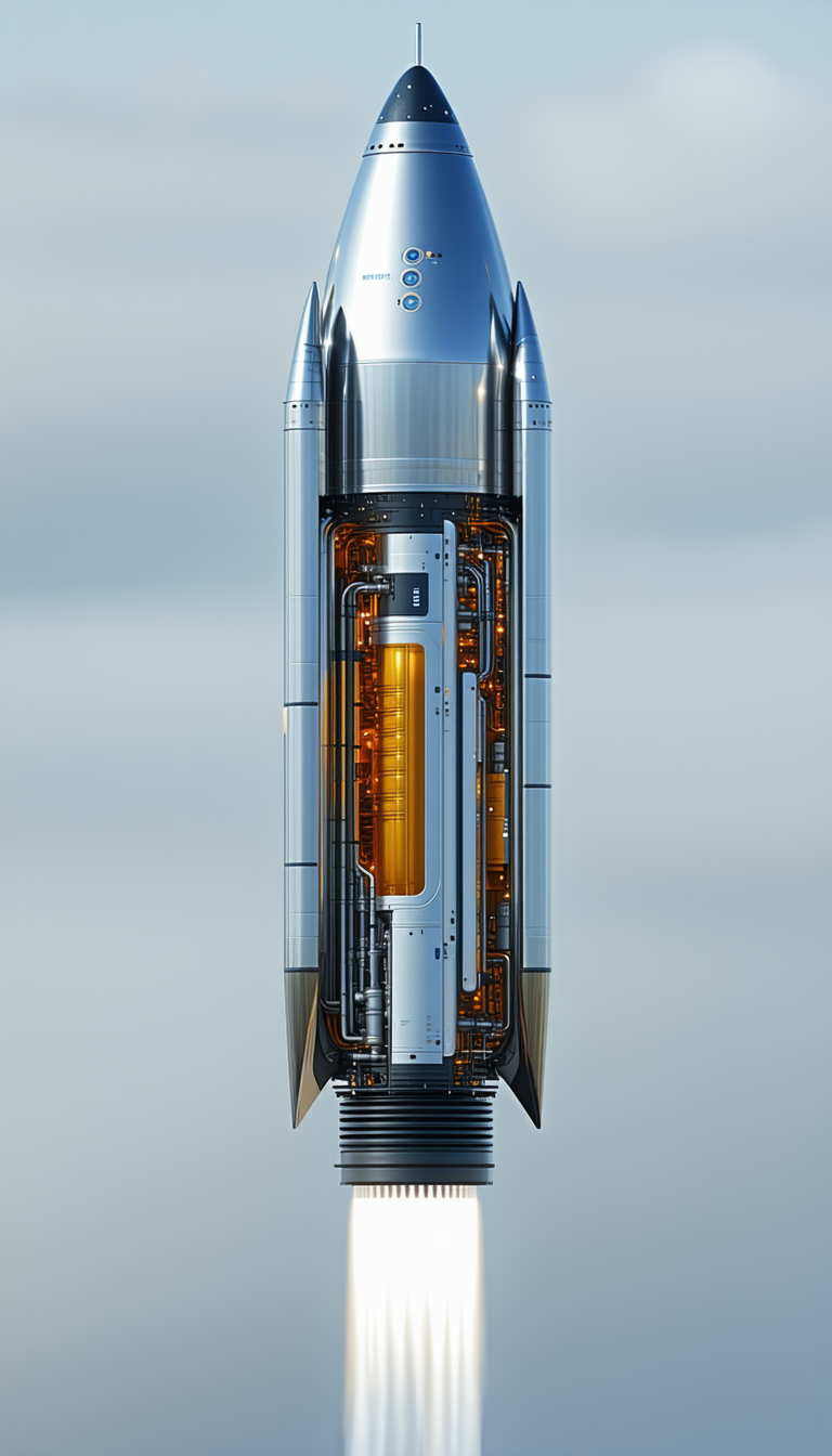 A Rocket Ship Is Shown In A Close-up View, With Its Engine And Fuel Tank Visible