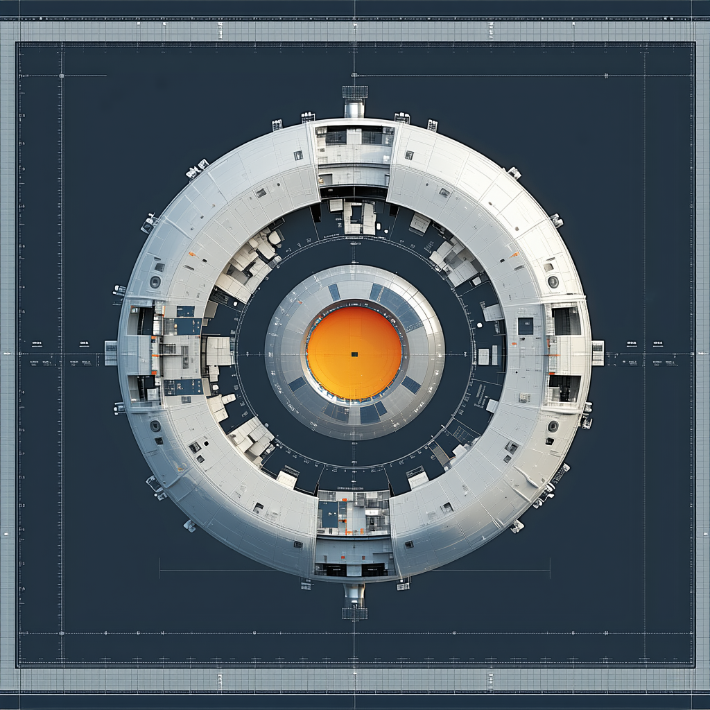 The Image Is A 3d Model Of A Large, Circular Structure With A Central Hole