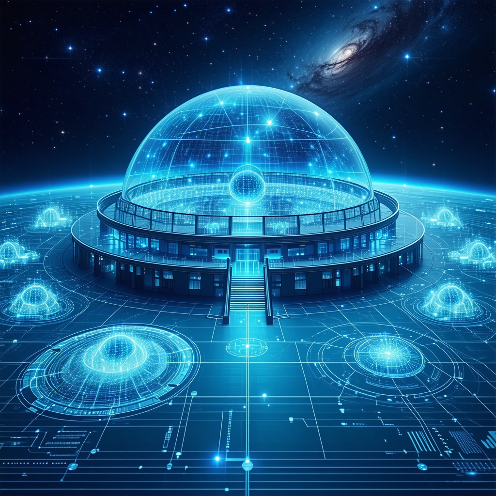 The Image Is A Futuristic Drawing Of A Large, Round Building With A Dome-shaped Roof