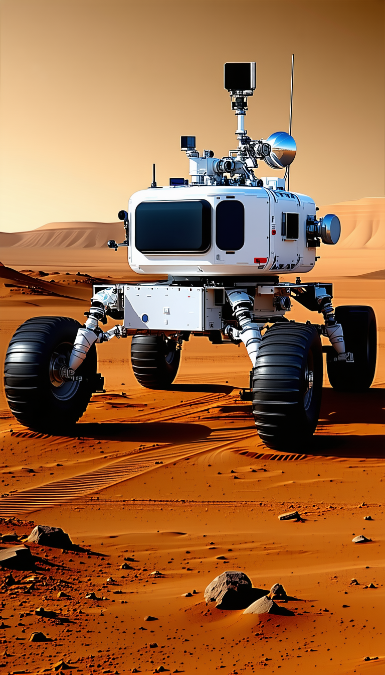 A Large White Robotic Vehicle With Four Large Wheels, Driving Across A Sandy Terrain