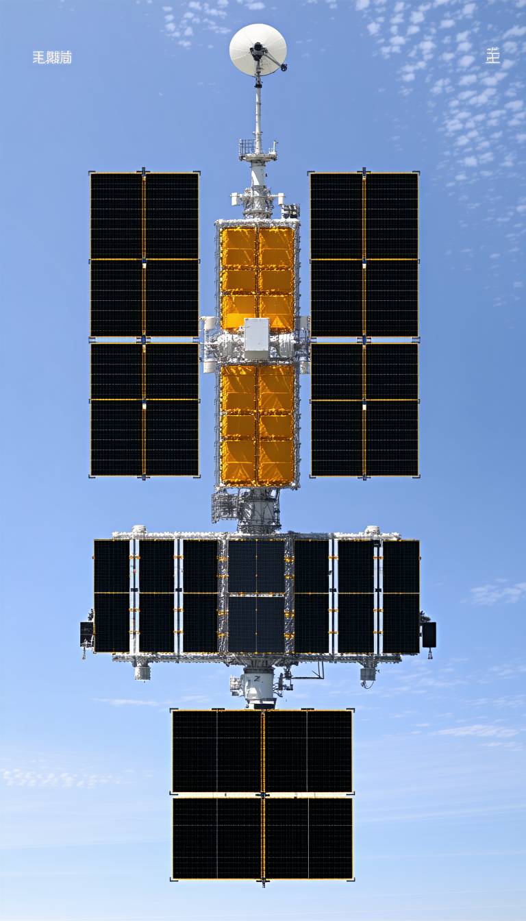 A Large Satellite Is Suspended In The Air, With Its Solar Panels Facing The Sun