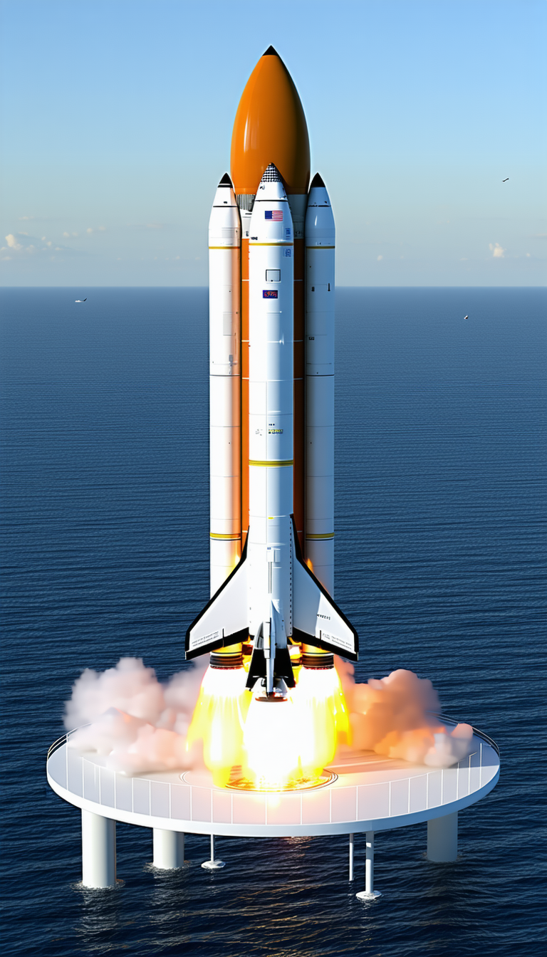 A Large Rocket Ship, Likely A Space Shuttle, Flying Over The Ocean