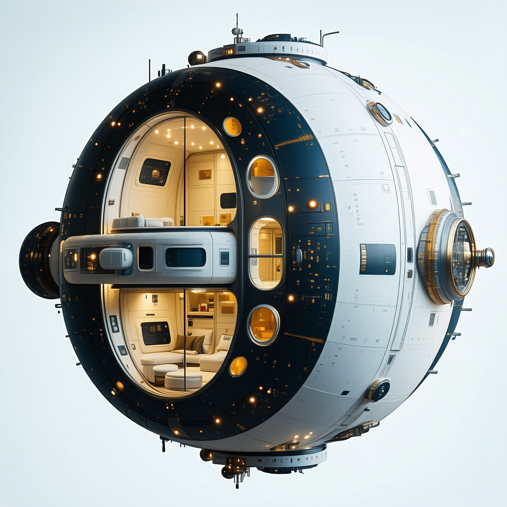 The Image Is A 3d Rendering Of A Space Station, Showcasing Its Interior And Exterior