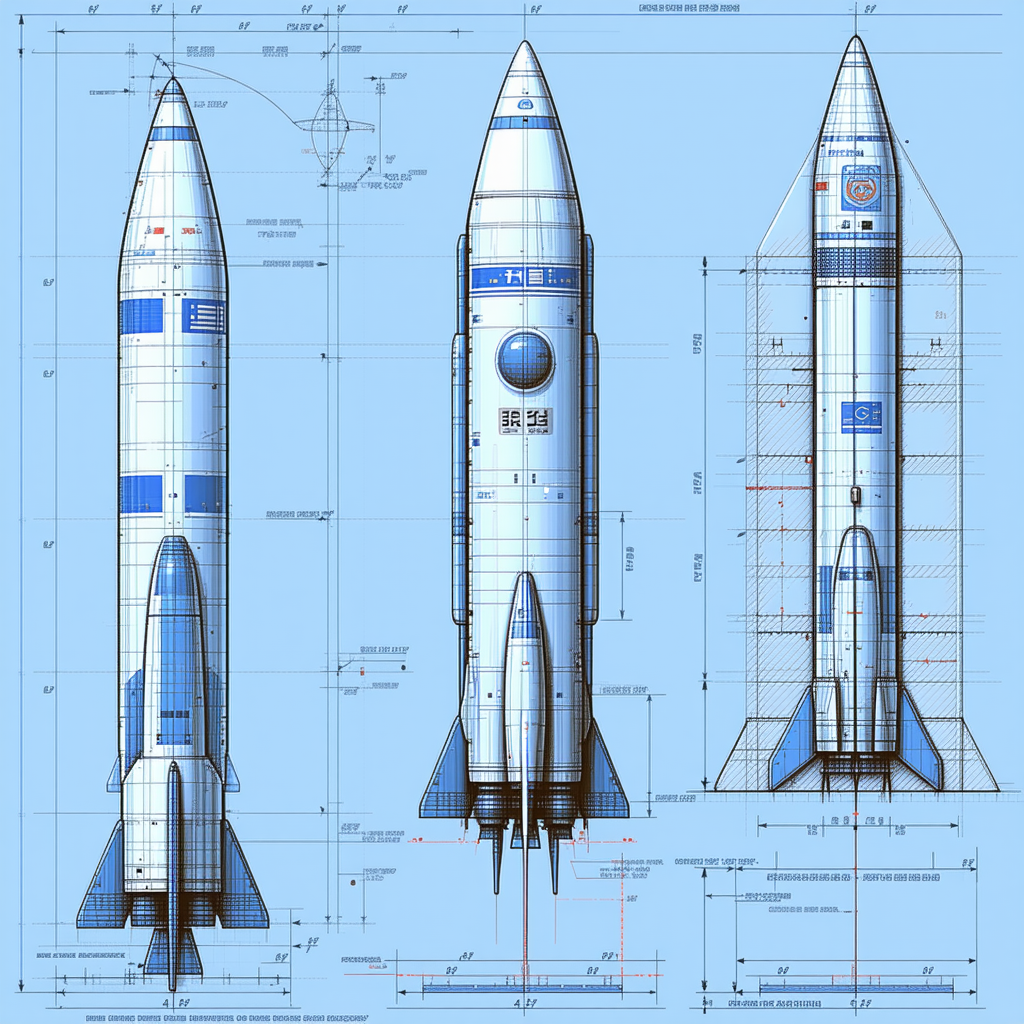 A Blueprint Of A Rocket Is Shown In Three Different Stages