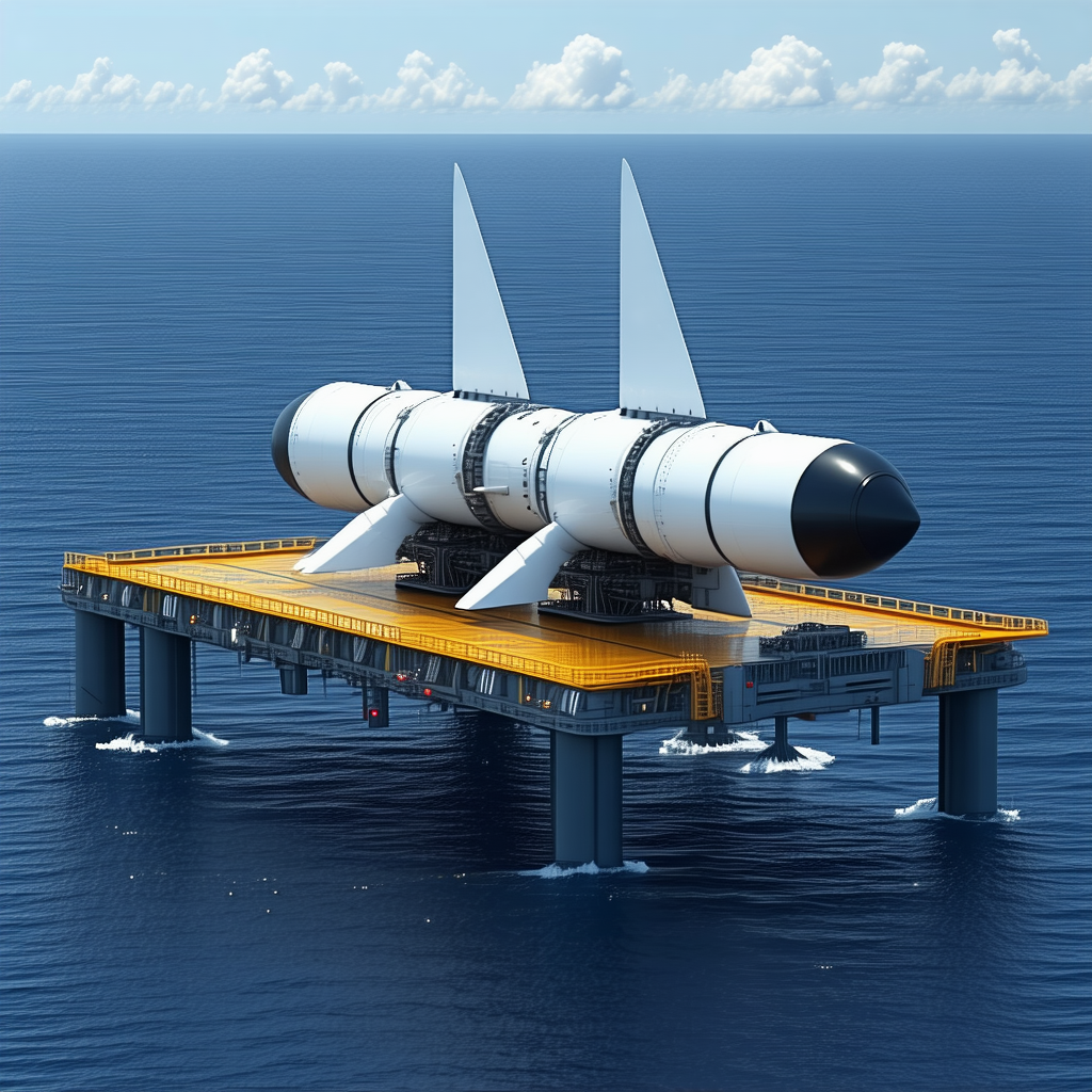 A Large White Space Shuttle Floating On Top Of A Yellow Platform In The Ocean