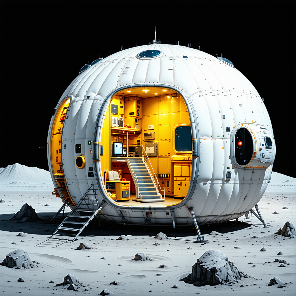 A Large White Spacecraft With A Yellow Door, Sitting On A Rocky Surface