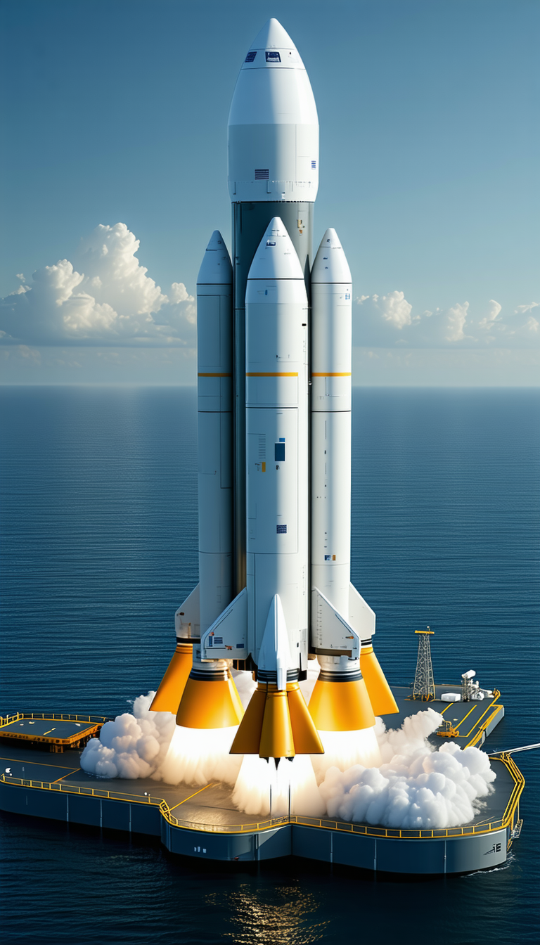 A Large White Rocket Ship With A Yellow Stripe On Its Side, Sitting On A Platform In The Ocean