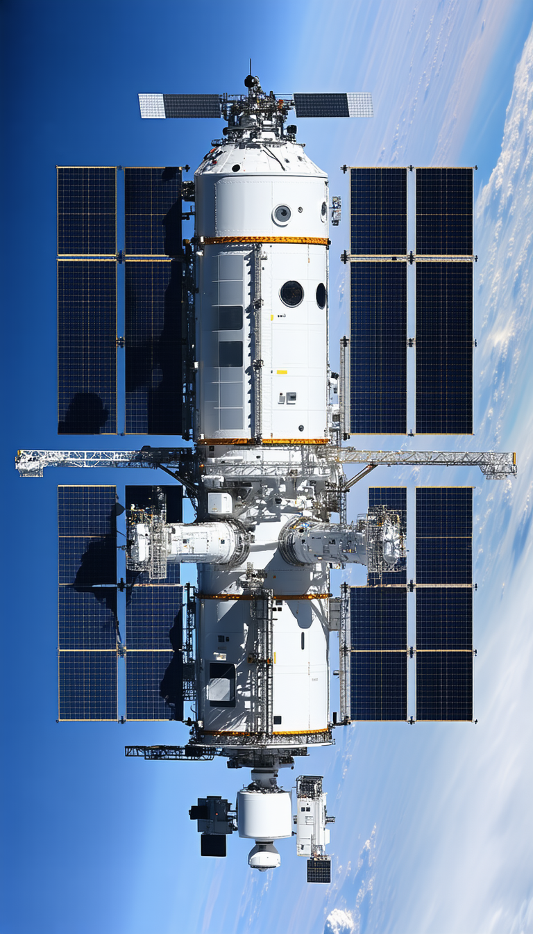 A Large Spacecraft With A White And Blue Color Scheme, Floating In The Air