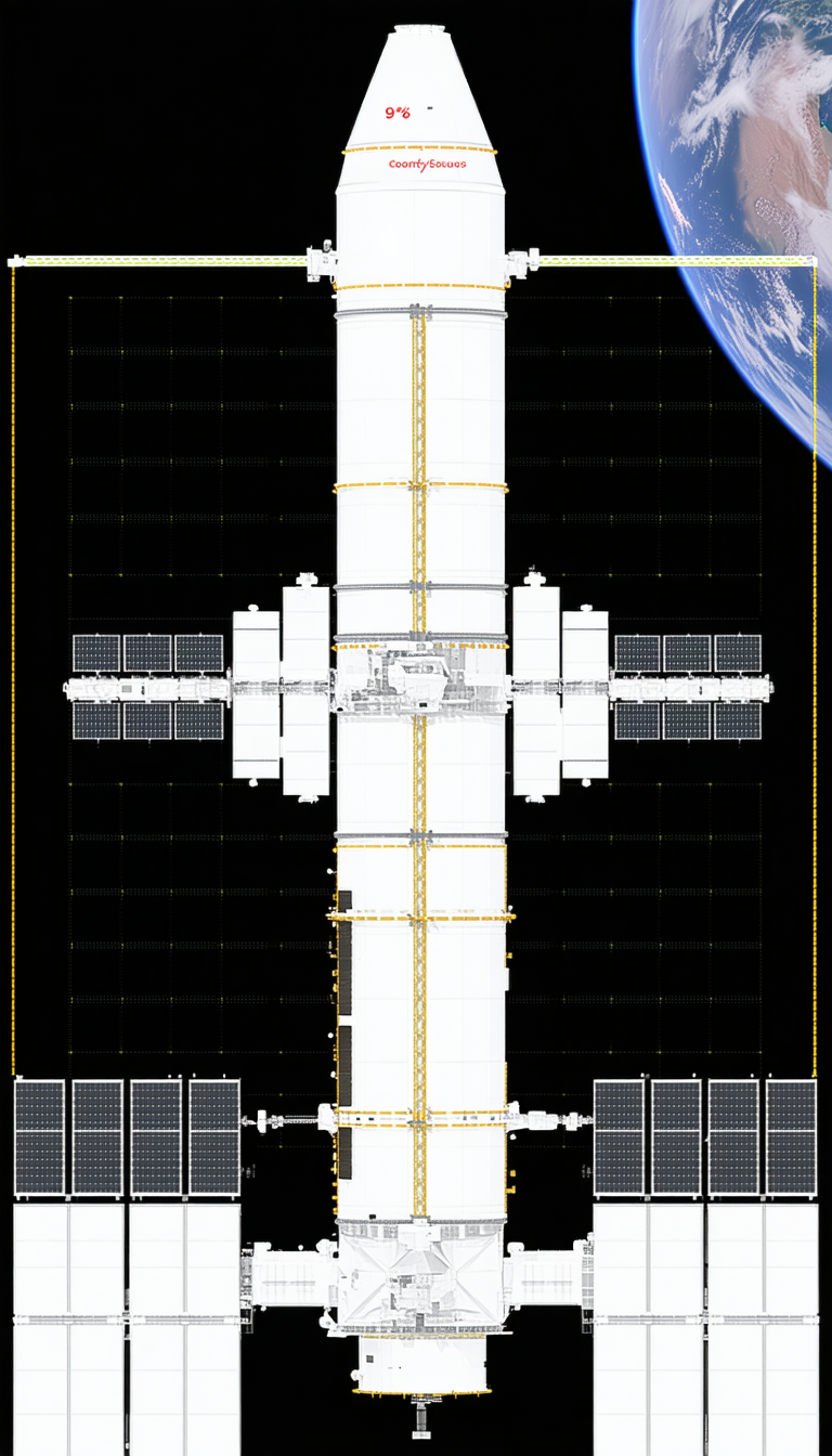 A Large Spacecraft With A Cross-shaped Design, Likely A Space Station Or A Spacecraft
