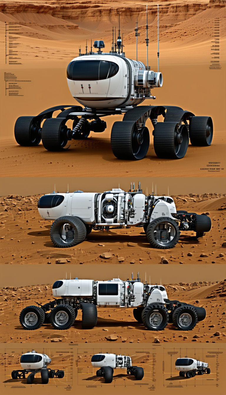 The Image Is A Split-screen Display Of A White Vehicle, Possibly A Rover, On A Red Dirt Surface
