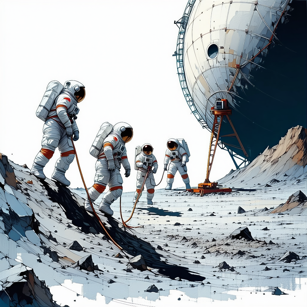 In The Image, A Group Of Six Astronauts Is Walking On A Rocky Surface, Possibly On The Moon