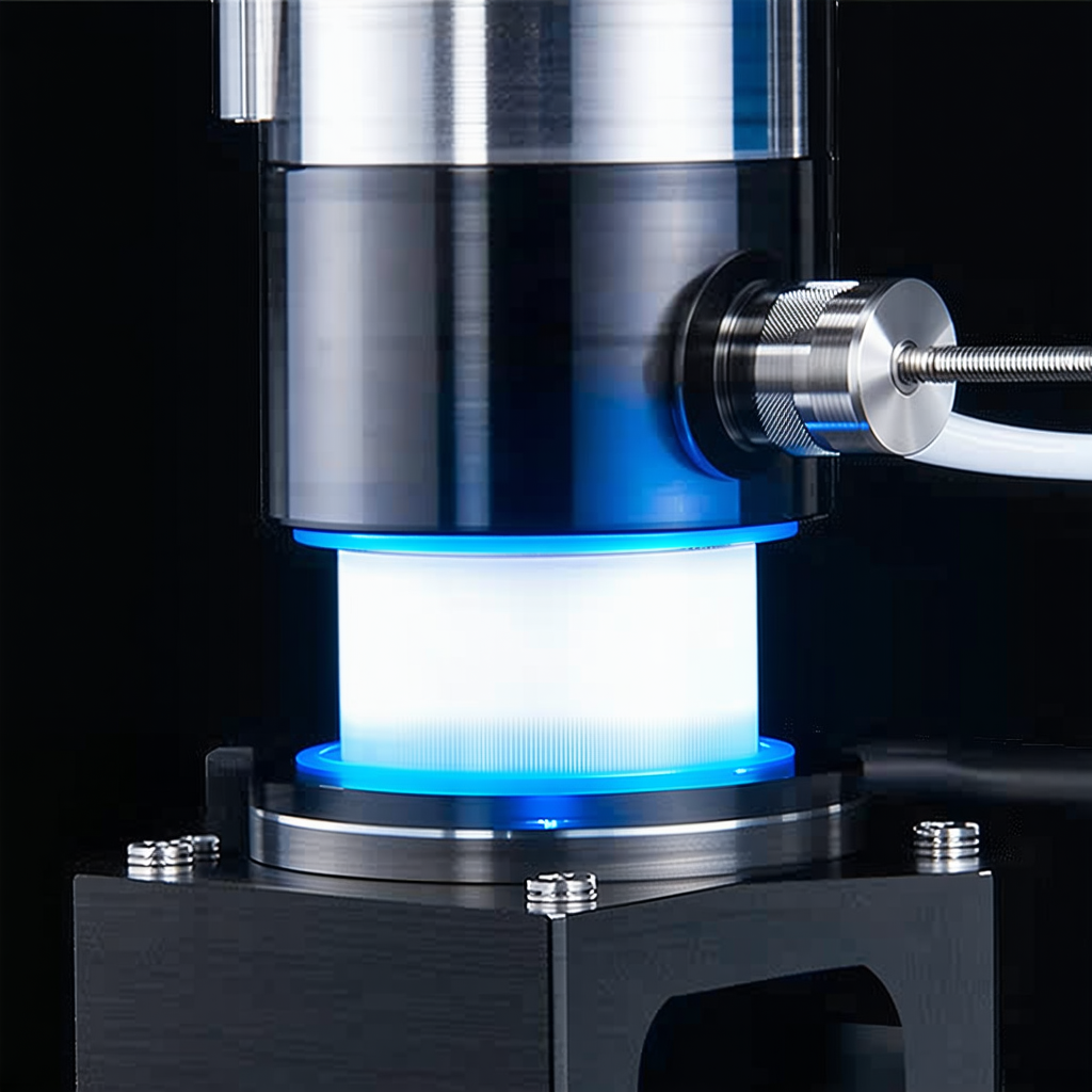 A Blue Light Is Shining On A Metal Object, Which Appears To Be A Machine Or A Piece Of Equipment