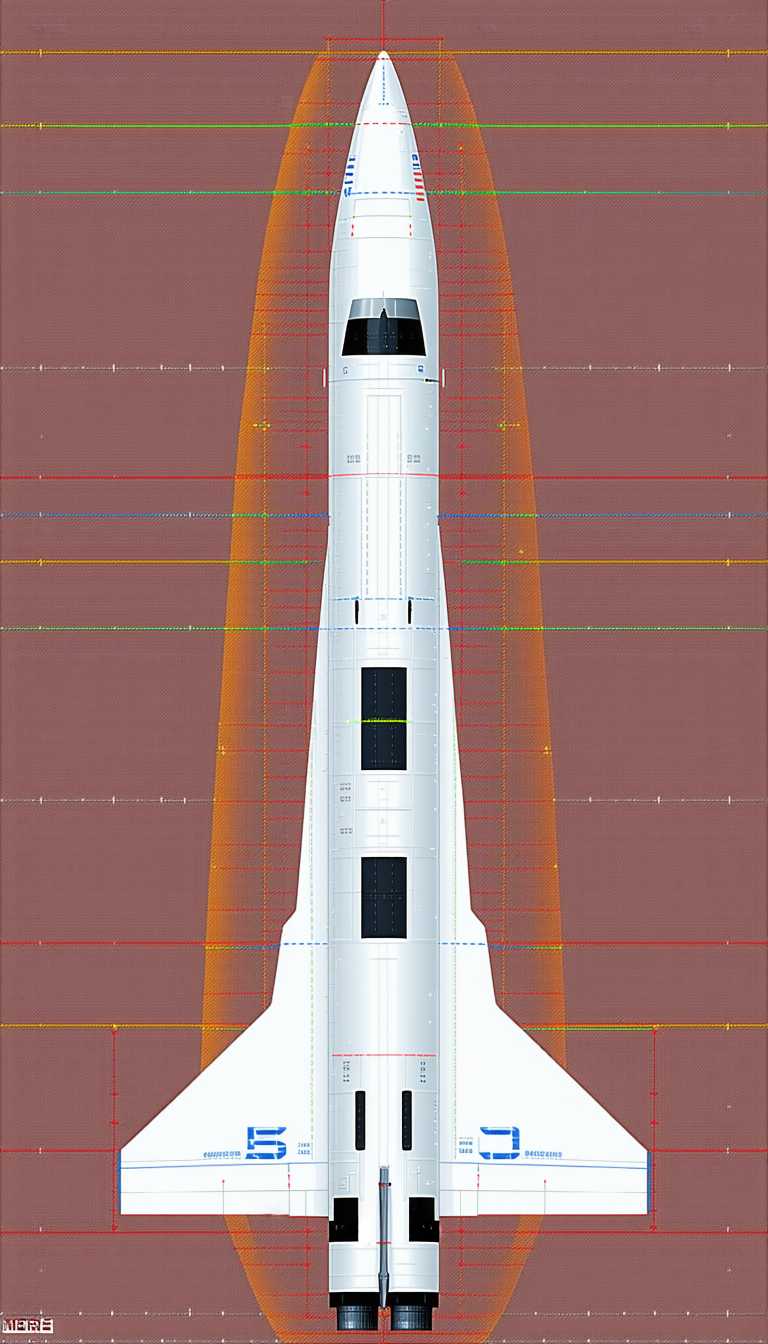 A White Rocket Ship Is Shown In A Drawing, With A Red Line Going Through The Center Of The Ship