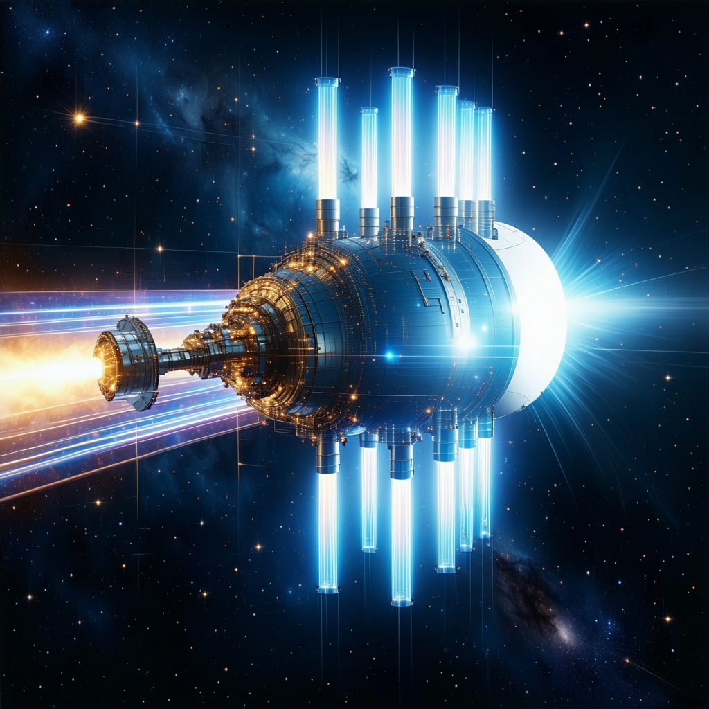 In The Image, There Is A Large Spacecraft With A Blue And White Color Scheme