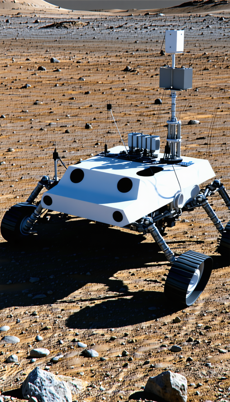 A White Robot Is Sitting On A Dirt Ground, With A Rocky Surface