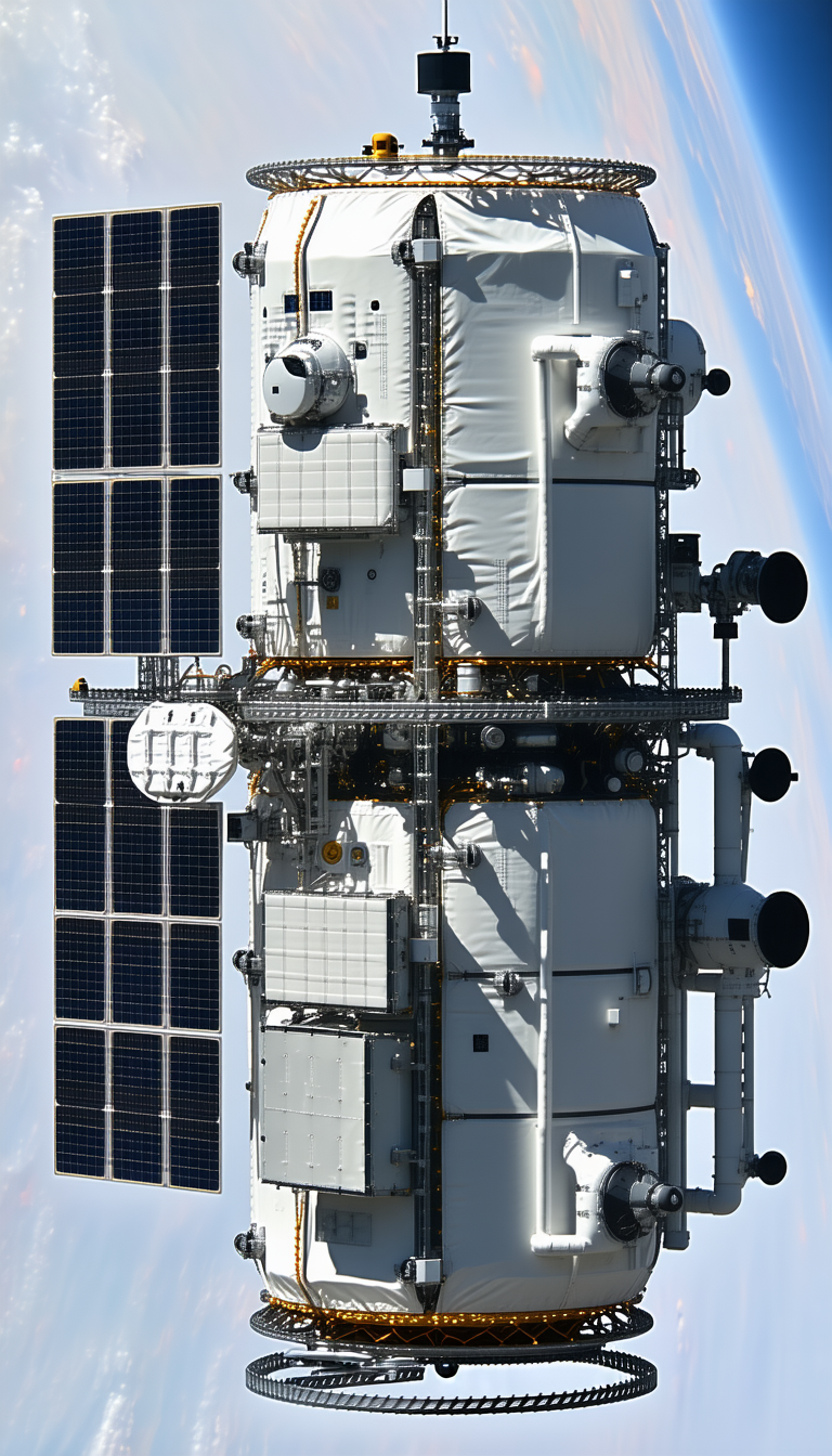 A Large White Spacecraft Is Shown In A Close-up View