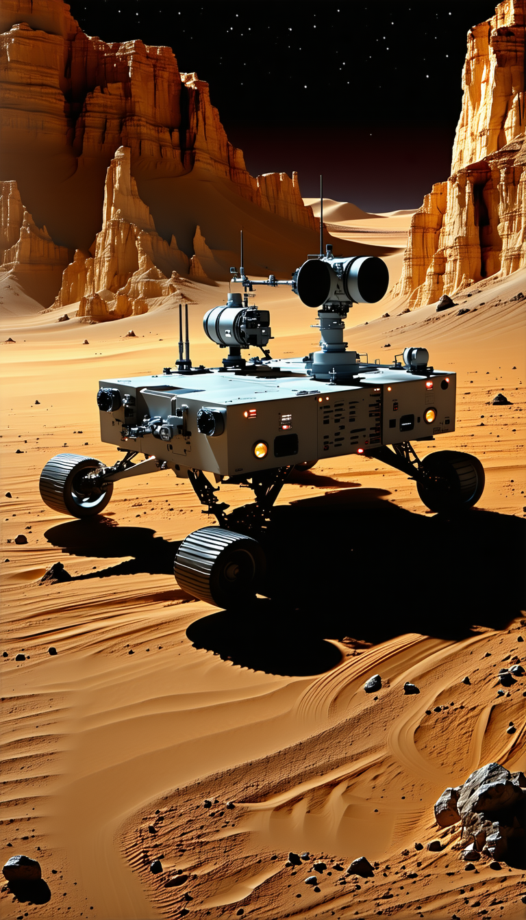 A Futuristic Vehicle, Possibly A Rover Or A Tank, Driving Across A Sandy Terrain