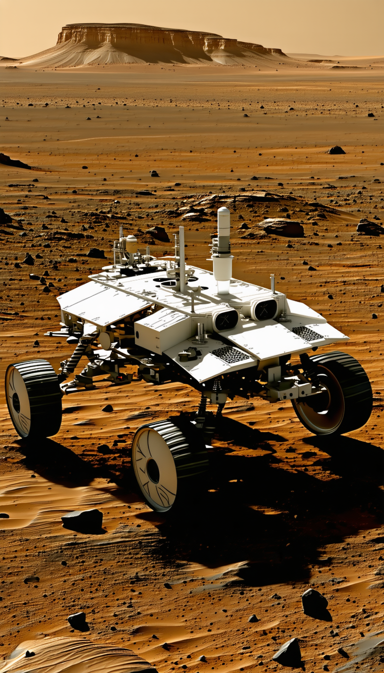 A White Robotic Vehicle, Possibly A Rover, Driving Across A Sandy Terrain
