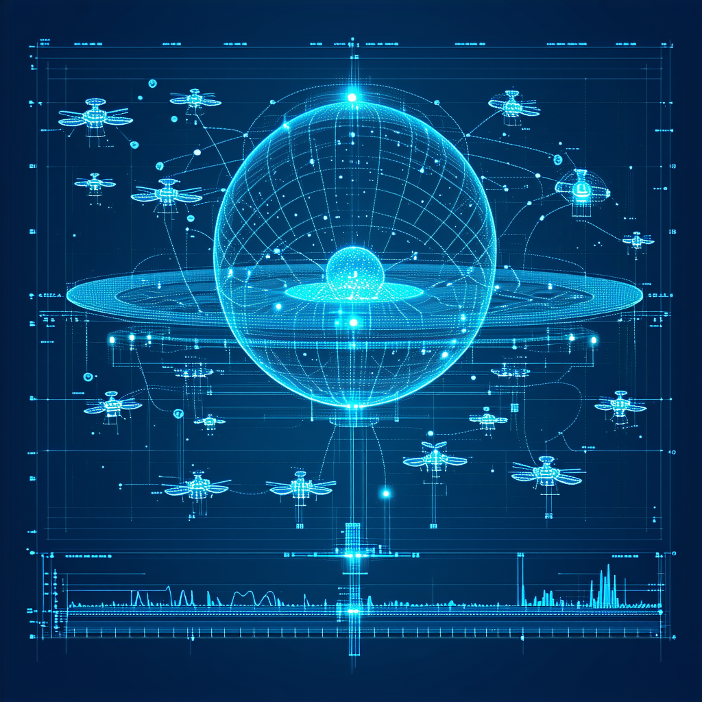 A Blue And White Globe Is Surrounded By A Group Of Blue And White Drones