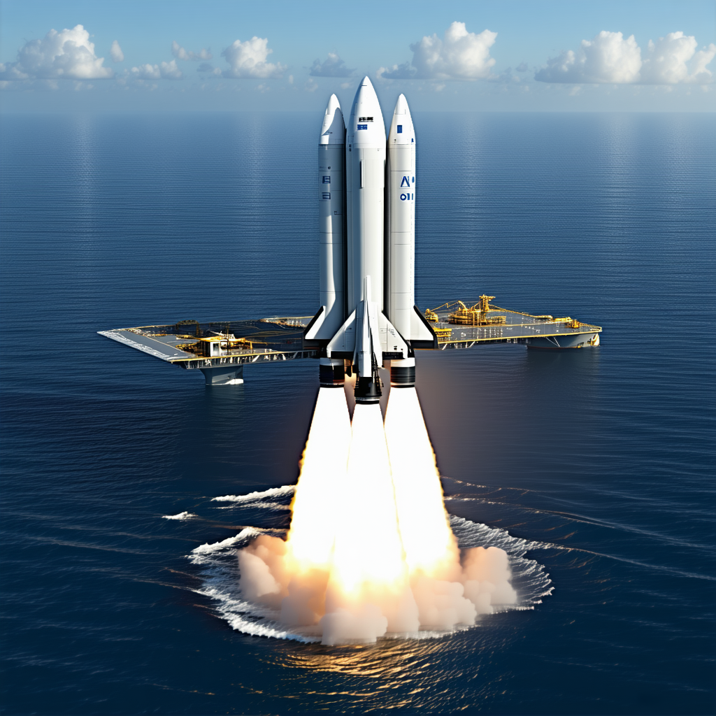 A Large Rocket Ship Is Seen Flying Over The Ocean, With A Space Shuttle In The Background