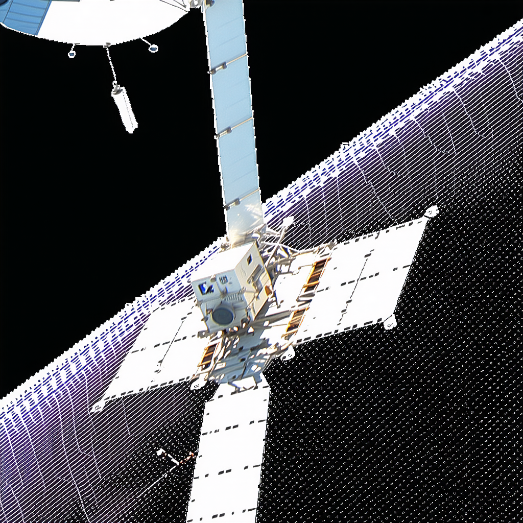 A Space Station Is Shown In The Image, With A Large Satellite Dish On The Side