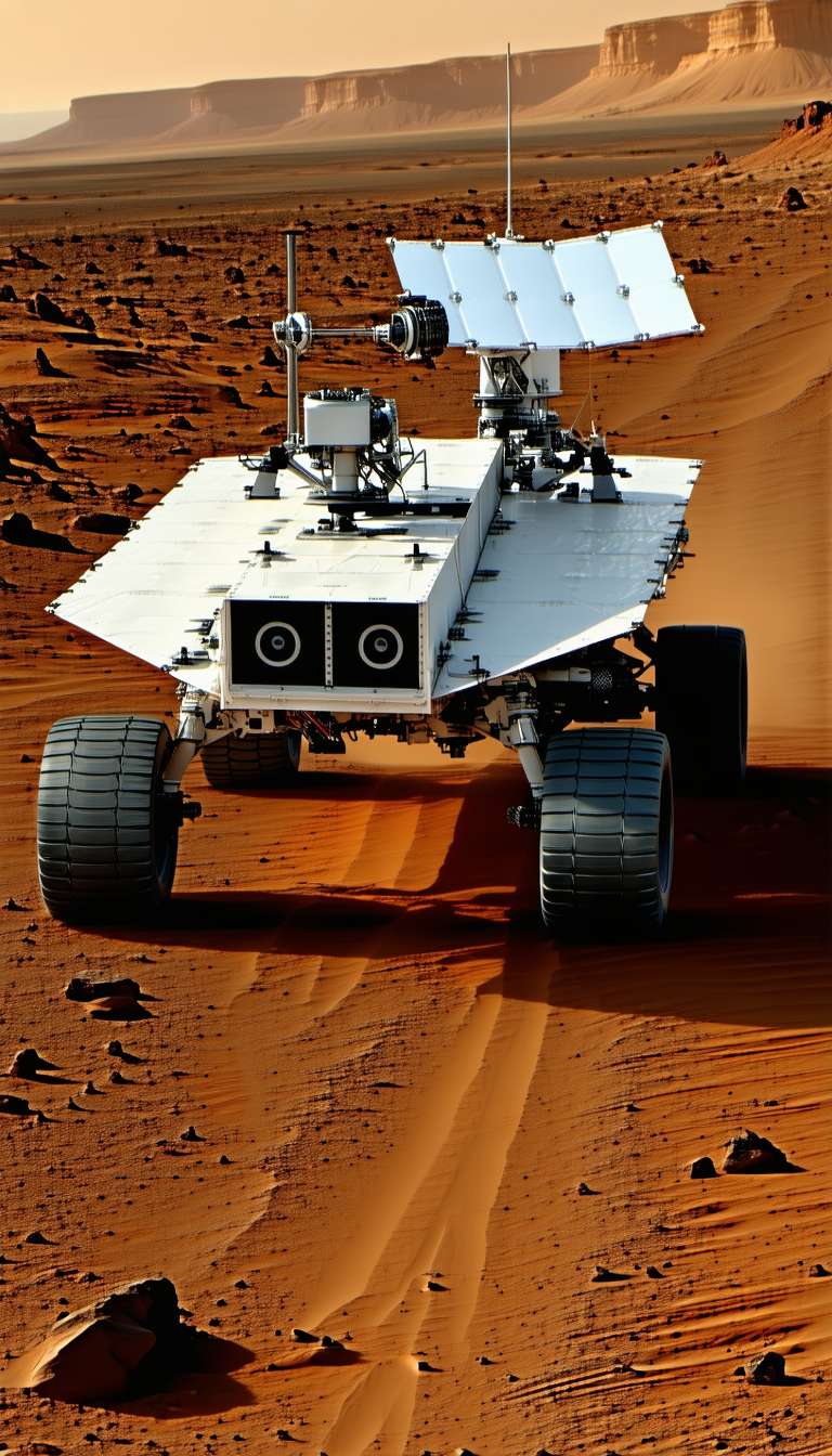 A White Rover Vehicle Driving On A Sandy Surface, Likely A Desert