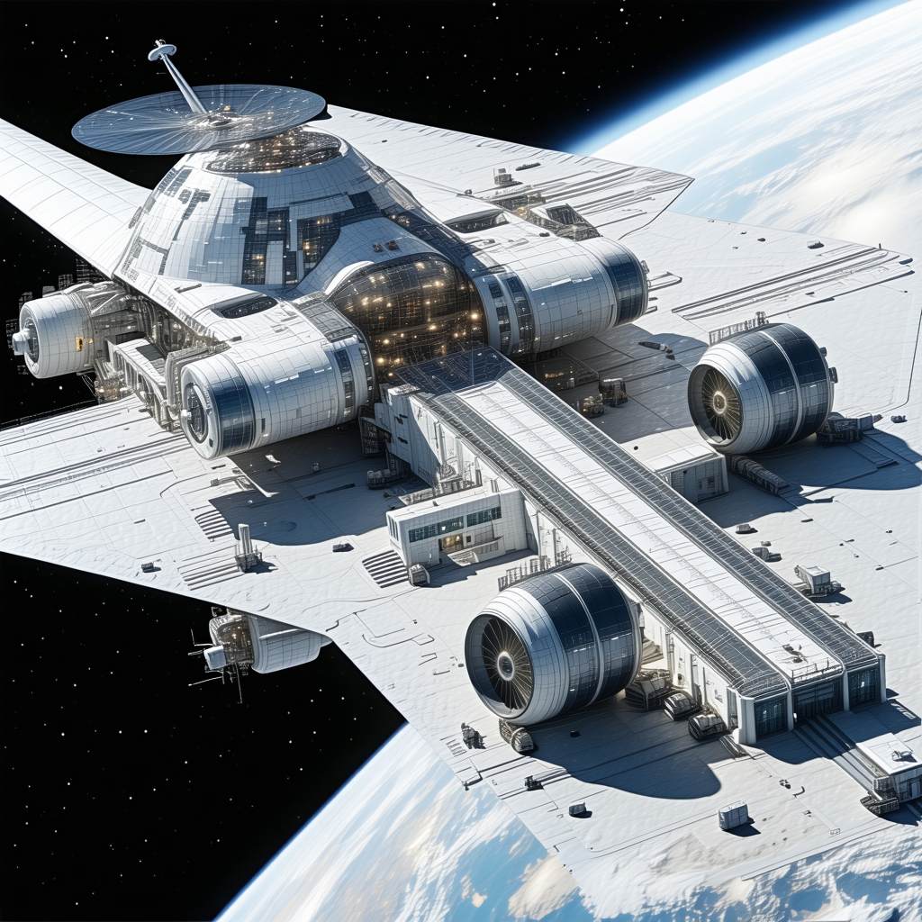 A Large White Spacecraft Is Docked At A Space Station