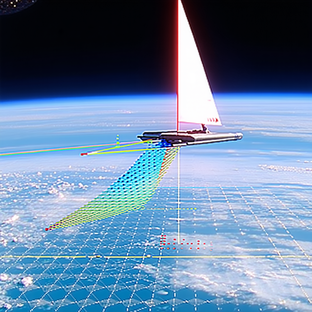 A Spacecraft Is Shown In A Close-up View, With A Red Beam Of Light Coming From It