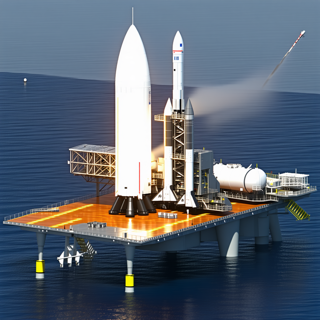 A Large White Rocket Ship Is Docked On A Floating Platform In The Ocean