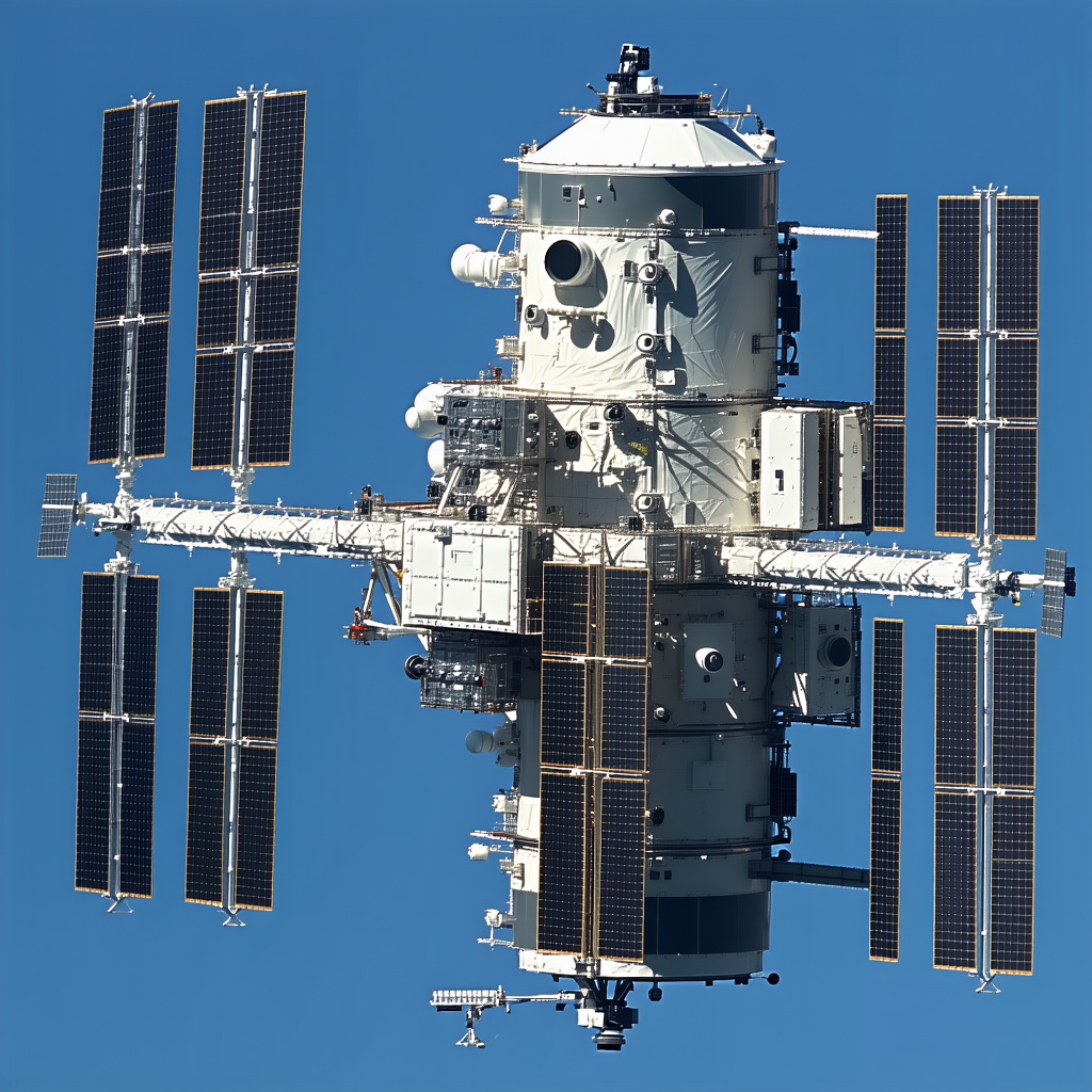 A Large Spacecraft Is Flying Through The Sky, With A Satellite Dish On The Side