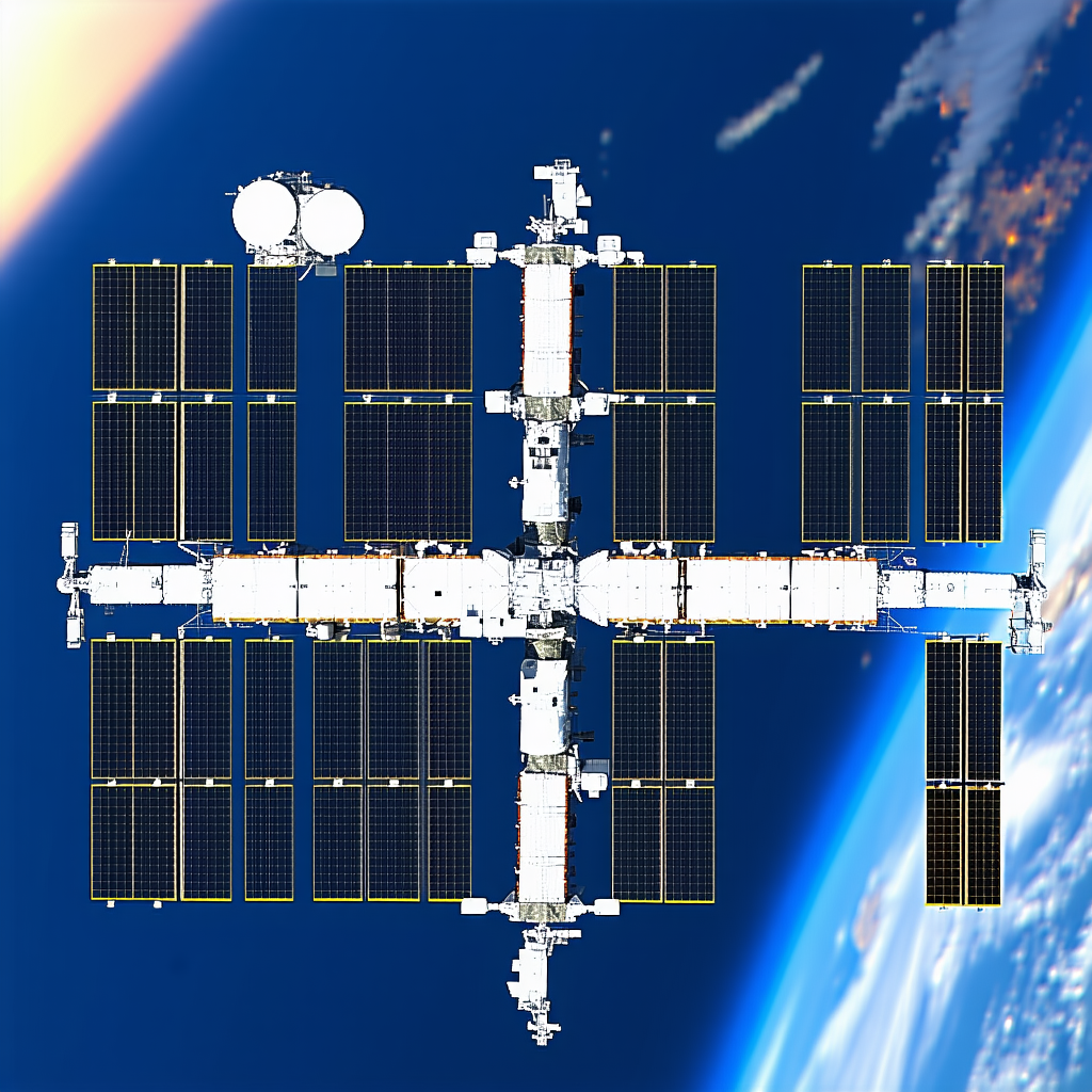 A Space Station With A Large Number Of Solar Panels On Its Surface