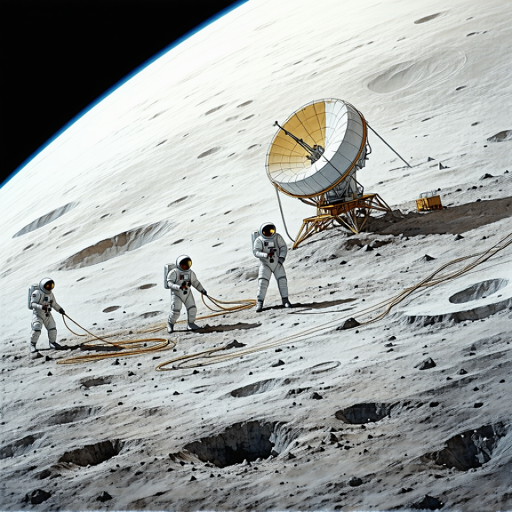In The Image, There Are Three Astronauts Standing On The Moon, Working On A Project