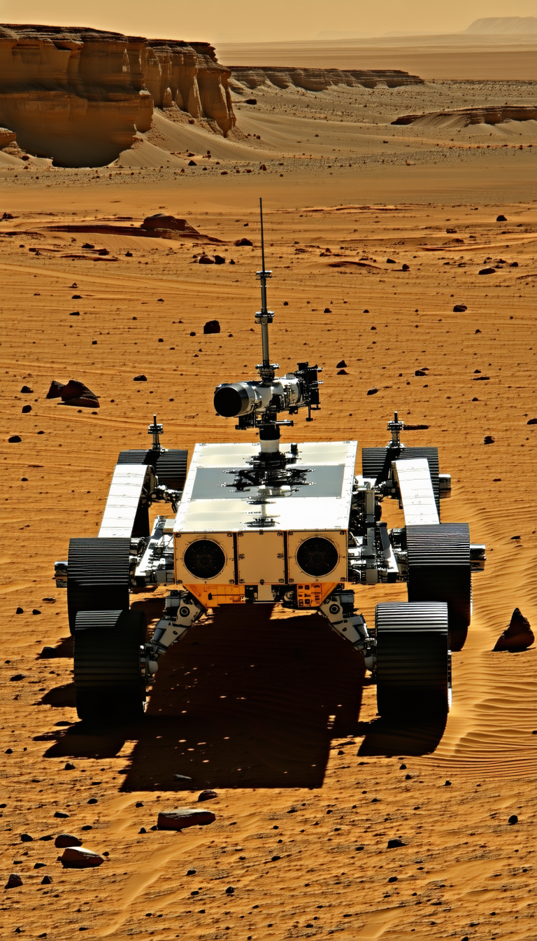 A White Robotic Vehicle With A Large Antenna On Top, Driving Across A Sandy Terrain