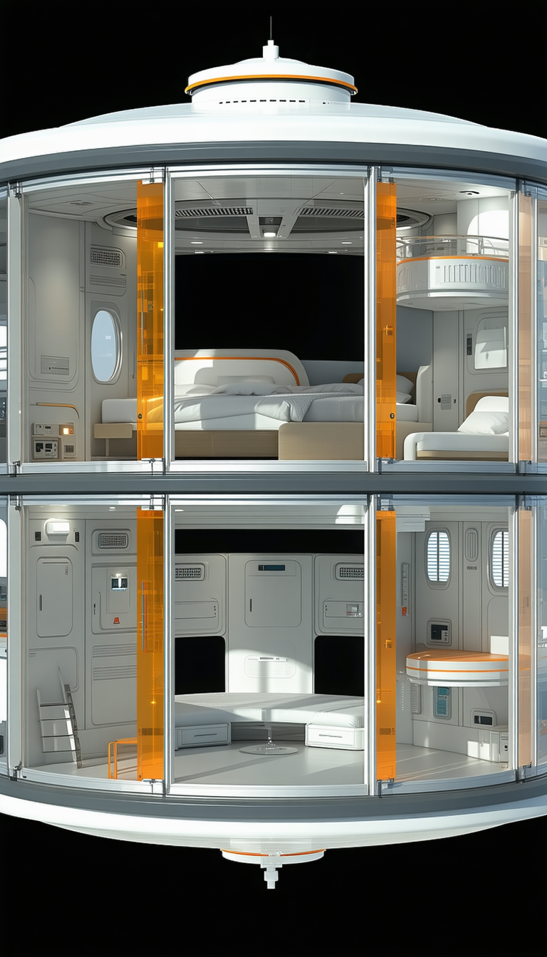 A Futuristic Space Ship With A Unique Design, Resembling A Three-story House